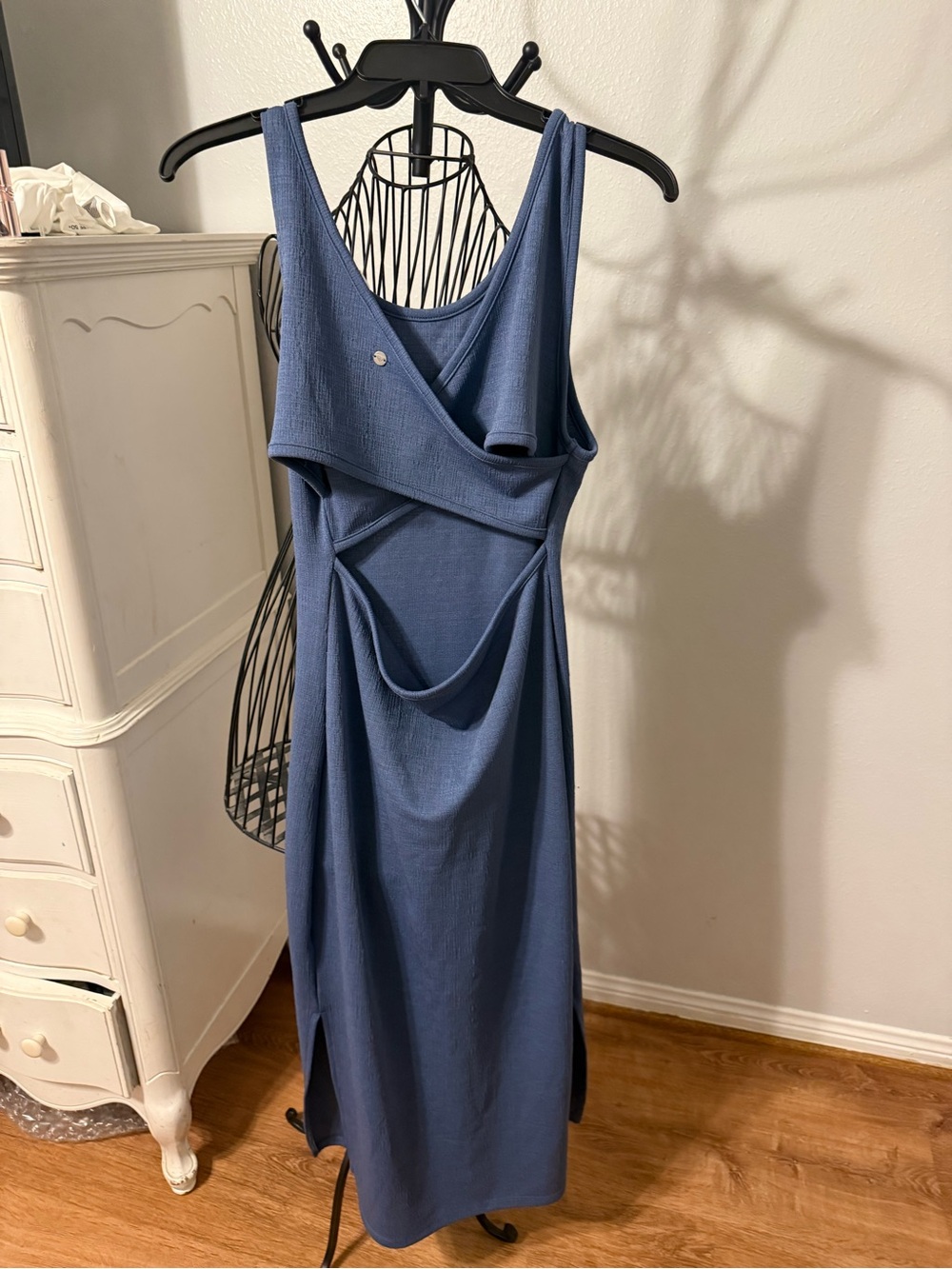 Roxy Slate Blue Sleeveless Midi Dress with Draped Cutouts